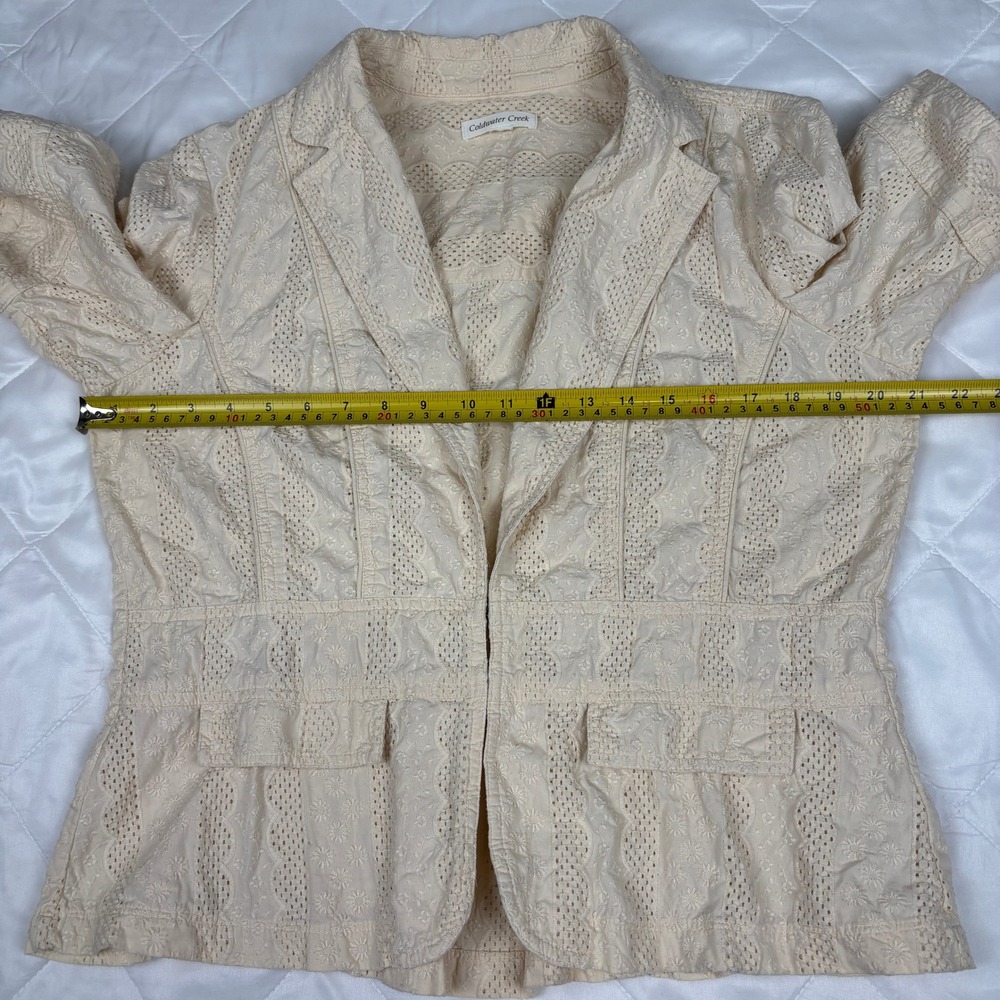Coldwater Creek Ivory Eyelet Embroidered Cotton Blazer Jacket Hook Front Sz M - Picture 11 of 14